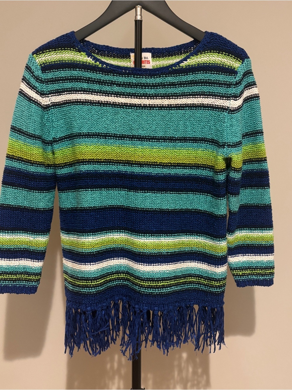 Ruby Rd. Striped Fringe-Hem Crew Sweater in Teal, Navy & Lime